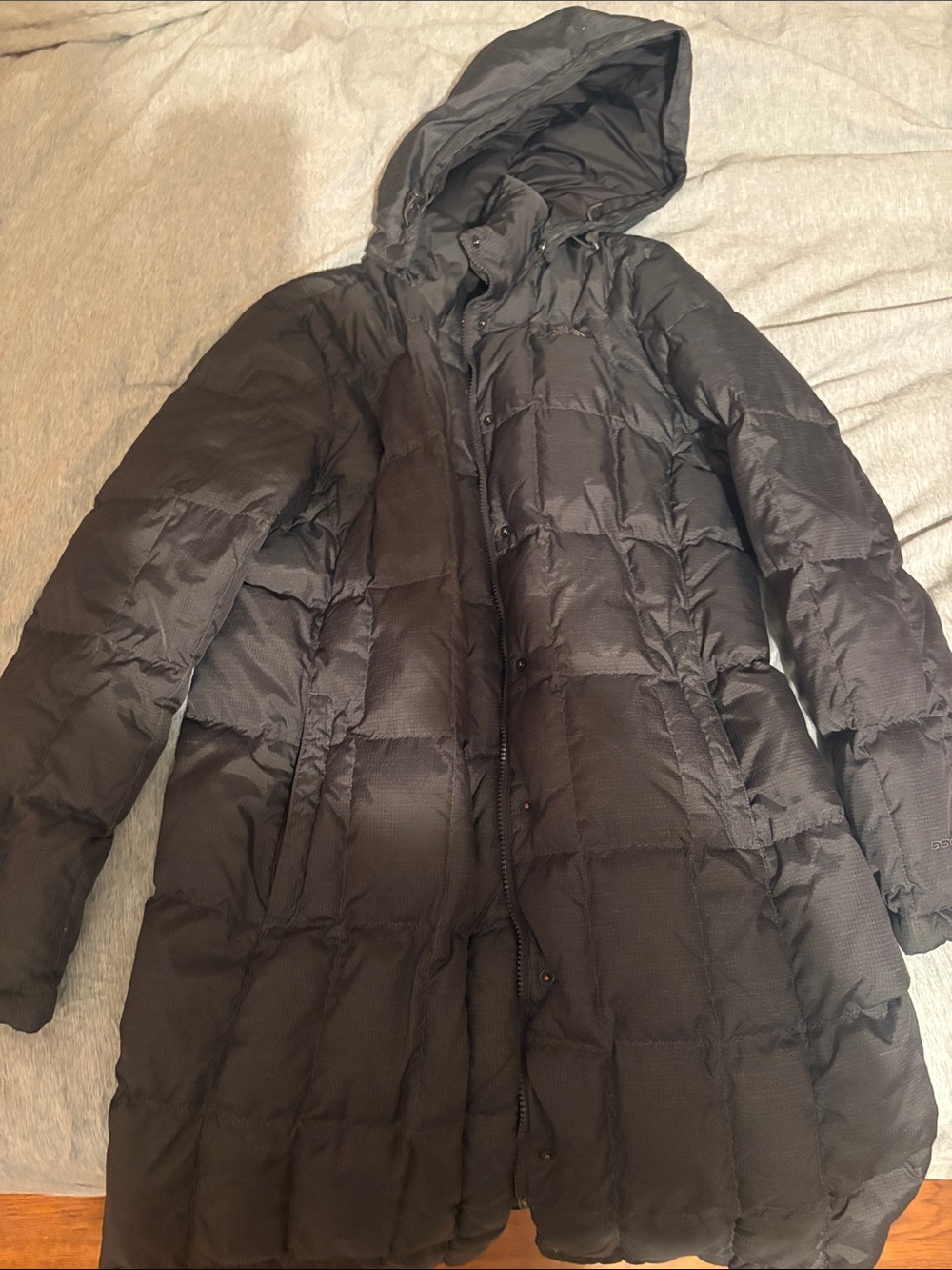 The North Face Women's Dark Grey Hooded Long Puffer Coat
